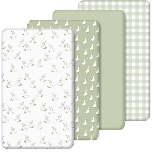 SmoothNovelty 4 Pack Silly Goose Crib Fitted Sheet for Boys Girls - 52" x 28" Fitted Baby Sheet with Goose and Gingham Style for Standard Mattress Gift Set, Microfiber & Soft Breathable(Green)