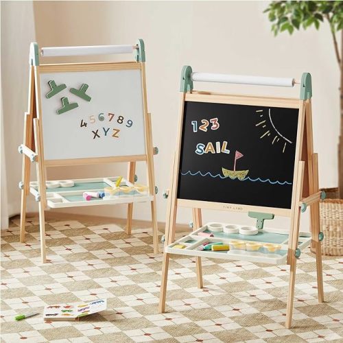 Tiny Land Wooden Kids Easel with Magnetic Chalkboard, Letters & Math Set | Spelling and counting through play, Folds flat for storage, Double-sided board, 3 heights, Paper roll included. Soft Sage