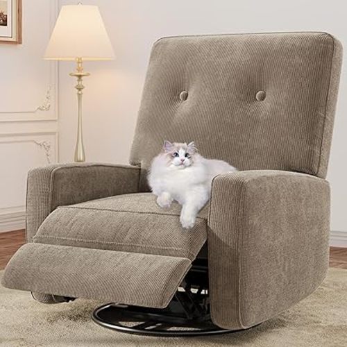 Recliner Chair, 360° Swivel Rocking Glider Chair for Adults with Adjustable Backrest & Footrest, Cozy Corduroy Upholstered Armchair for Living Rooms, Bedrooms, Apartments, Brown Grey