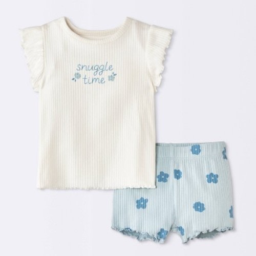 Baby Girls' 2pc Snuggle Time Floral Ruffle Sleeve T-Shirt and Bike Shorts Set - Cloud Island™ Cream/Blue Newborn