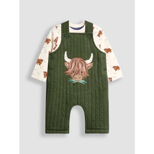 Khaki Green Highland Cow 2-Piece Quilted Dungarees & Top Set