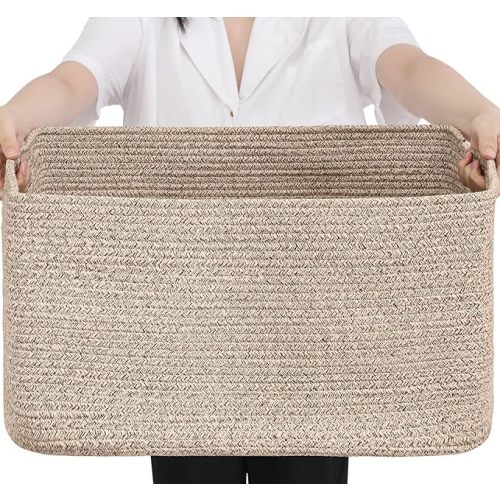 75L Blanket Basket, Large Woven Baskets for Storage, Blanket Storage for Living Room, Rope Basket with Handles for Bedroom, Nursery, Toys, Clothes, 22” x 17” x 11.5”, Brown