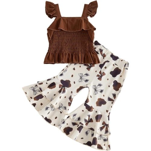 Toddler Baby Girl Cowgirl Outfit Girls Western Clothes Summer Ruffle Sleeveless Tank Top Bell Bottom Pants Set 2Pcs