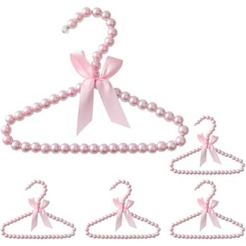 5pcs Pink Pearl Beads Small Clothes Hangers Faux Pearl Beaded Garment Hangers with Ribbon Bowknot for Pet Dog Cat Baby Clothing Trousers Jeans Skirts