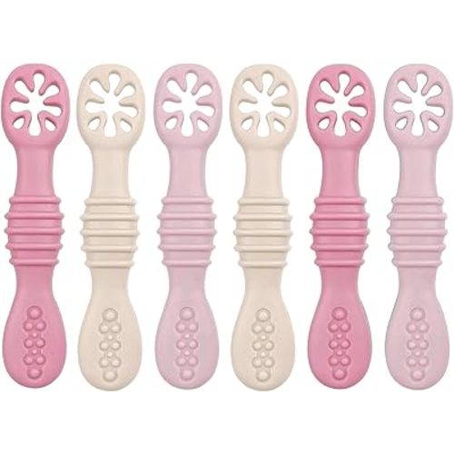 Baby Bliss 6 Pack Baby Spoons Self Feeding 6 Months +, Canadian Mom Owned Brand, Silicone Baby Feeding Spoons, Toddler Infant Baby Led Weaning Spoon, BPA Free (Dusty Rose, Almond, Dusty Pink)