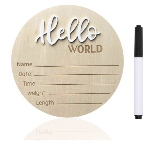 Baby Announcement Sign, 5.9 Inch Wooden Hello World Newborn Signs, Birth Announcement Sign, Baby Shower Hospital Nursery for Newborn Boys and Girls (White,Pen)