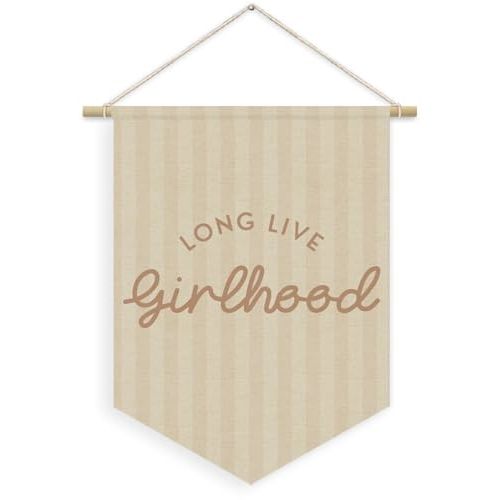 XYDEG Girl Nursery Decor, Long Live Girlhood Linen Canvas Banner, Neutral Striped Wall Hanging Pennant Flag Banner for Girl Nursery Toddler Kids Room Bedroom Dorm Playroom Decor, 15x11in