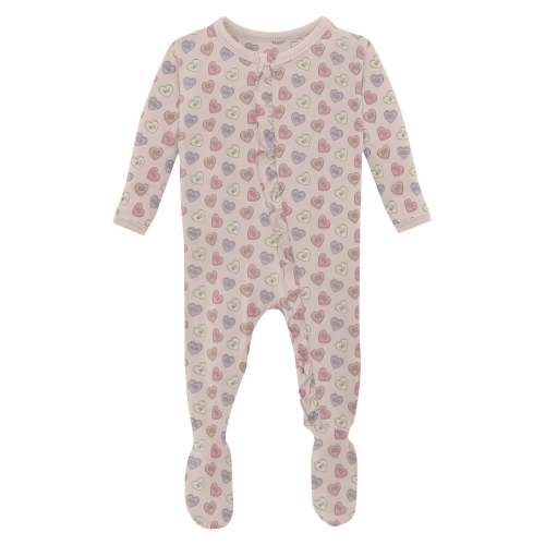 Print Layette Ruffle Footie with 2 Way Zipper in Candy Hearts