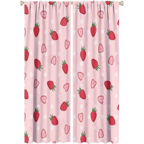 Pink Red Strawberry Rod Pocket Blackout Curtains for Living Room,Insulated Room Darkening Girls Cartoon Cute Fruit Strawberry Print Bedroom Curtains,2 Panels 63L x 21W