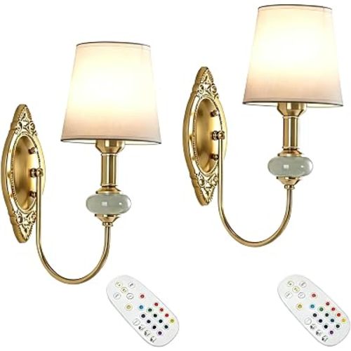 Vintage Battery Operated Wall Sconce Set of 2, Gold LED RGB 15 Color