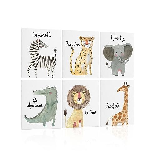 HLJ ART Safari Animal Poster Set: Inspirational Quotes Kids Wall Art, 6 Framed Polyester Panels for Nursery Decor