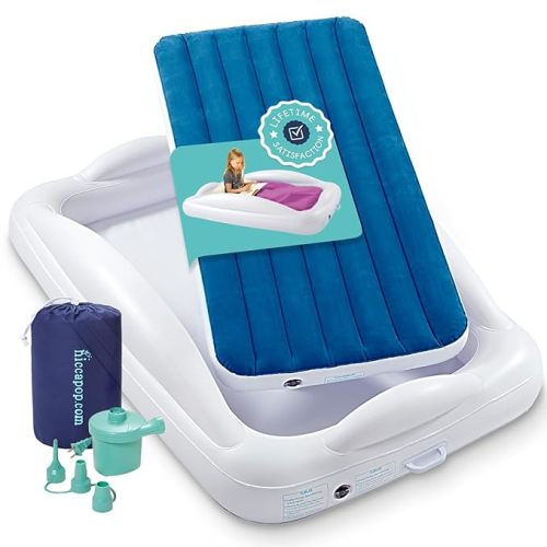 Hiccapop Inflatable Toddler Travel Bed with Safety Bumpers [4-Sided], Portable Toddler Bed for Kids, Kids Air Mattress, Toddler Air Mattress - Navy Blue