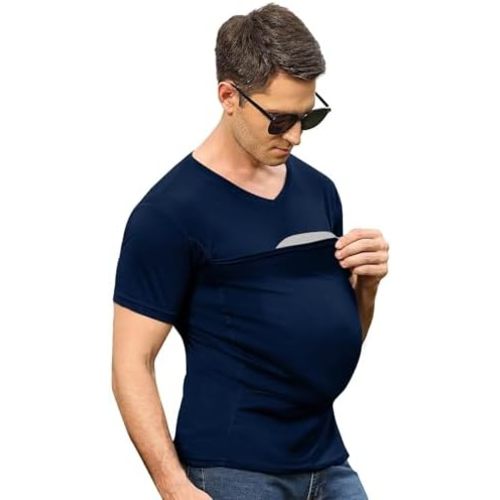 Mens Baby Carrier Shirt V Neck Short Sleeve T-Shirts for Men Skin to Skin T-Shirt with Pocket