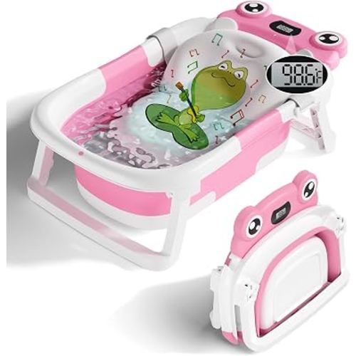 BUNWAG Baby Bathtub,Collapsible Newborn Bathtub for Infant to Toddler with Soft Cushion and Thermometer,Portable Travel Newborn Tub with No-Slip Feet,Baby Shower Gifts,0-12 Months Babybath,Bright Pink