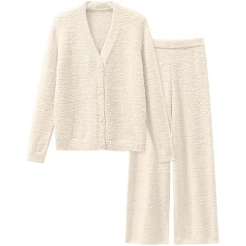 ANRABESS Women Pajama Lounge Sets Fuzzy Fleece 2 Piece Outfits Long Sleeve Cardigan Wide Leg Pants 2025 Fall Comfy Loungewear