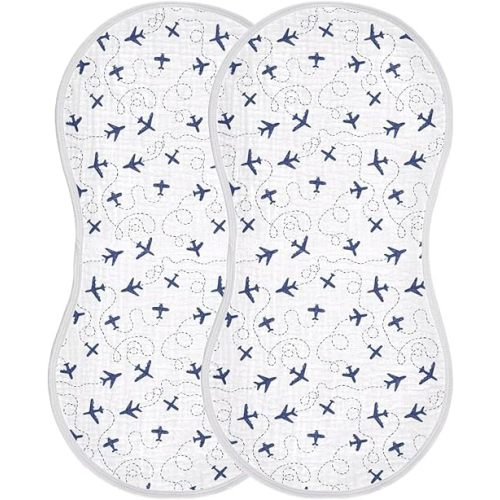 Baby Muslin Burp Cloths Set of 2 Blue Airplanes Muslin Washcloths Air Plane Transportation Sky White Milk Spit Up Rags Newborn Towel Burp Cloth Bib for Unisex Boys and Girls, 22 x 11 Inch