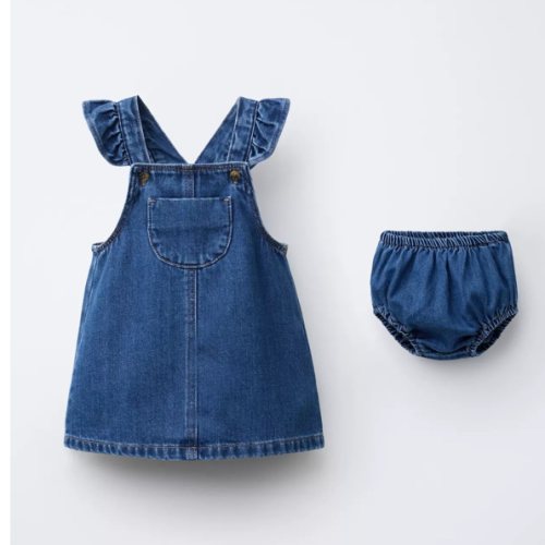 RUFFLE DENIM PINAFORE DRESS AND SHORTS - Mid-blue | ZARA United States