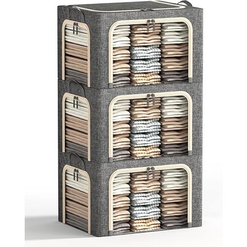 3 Opeings Large Clothes Storage Bins with Metal Frame, Foldable Storage Bin for Clothes, Clothing Storage Bins with Lid, Linen Storage Box With Clear Window＆ Zippers＆ Handles.(3 Pcs,Dark Grey,66L)