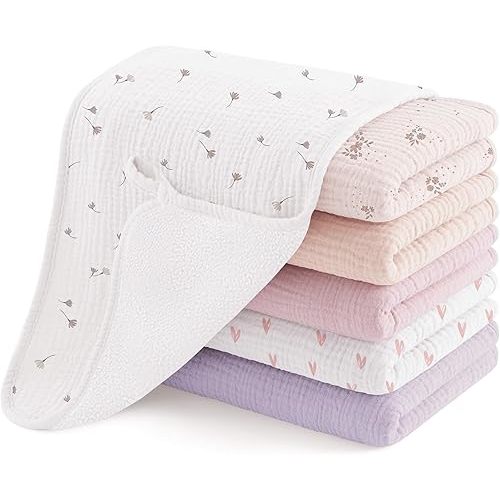 Susurration Muslin Burp Cloths, Soft Baby Burping Cloths for Unisex Boys and Girls, Newborn Essentials Large Extra Absorbent Washcloths, 20x10in, 6 Pack