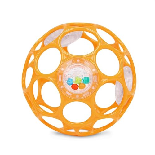 Bright Starts Oball Rattle Ball, Easy-Grasp Infant Rattle with Finger Holes, Orange, 0-36 Months