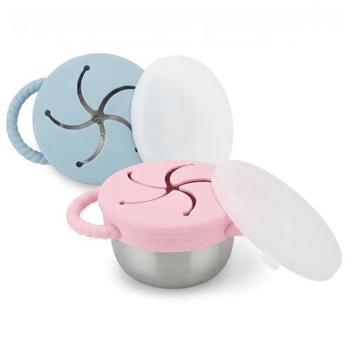 PandaEar 2 Pack Stainless Steel Toddler Snack Cups, Spill Proof Snack Containers with Silicone Food Catcher & Handles, 9 oz Baby Snack Cup Holder with Lid for Kids, Dishwasher Safe (Blue & Pink)