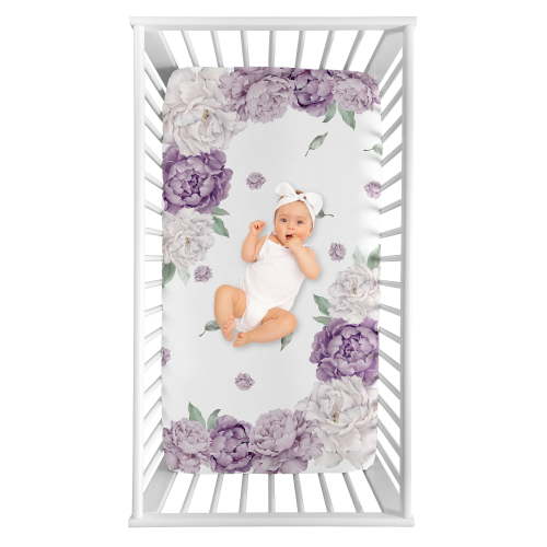 Sweet Jojo Designs Peony Floral Garden Purple Ivory Photo Op Fitted Crib Sheet
