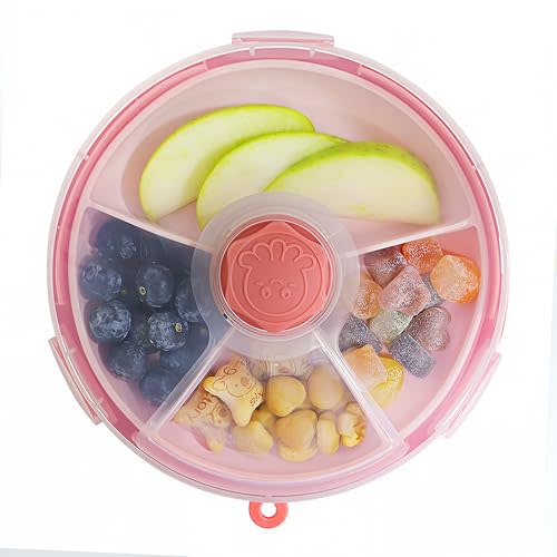 KingKam Kids Snack Spinner Containers, Reusable Toddler Spin Snack Container Box with 4 Compartments & Lid, Travel On-The-Go Snacking, BPA Free | Dishwasher Safe | Strap and Sticker (Pink)