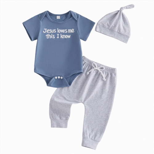 mgoYE Baby Boy Clothes 12-18 Months Baby Boy Summer Outfit Letter Jesus Loves Me This I Know Short Sleeve Romper Hat 3Pc Clothes Set(Blue,0-3 Months)