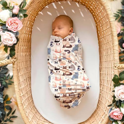 Baby Cat Blanket for Boy or Girl, Soft Pastel Newborn Swaddle, New Mom Shower Gift, Cat Mom Nursery Accessory
