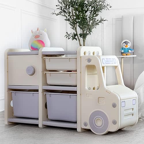 Wedanta Kids Toys Storage Organizer Shelf Organizer for Books and Toys with 4 Bins 1 Cabinet and 2 Shelves - Multipurpose Toy and Book Storage Solution for Kids - Toy Bin for Any Room
