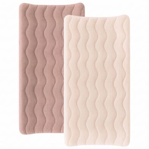 Konssy 2 Pack Quilted Muslin Changing Pad Cover, Waterproof Layer 32" x 16" | 100% Cotton Surface, Absorbent & Soft, Fitted Changing Table Sheets, Full Elastic Fit, for Baby Girls & Boys (Biscotti)