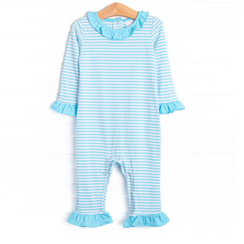 Lyla Ruffle Romper, Aqua Stripe – Stitchy Fish