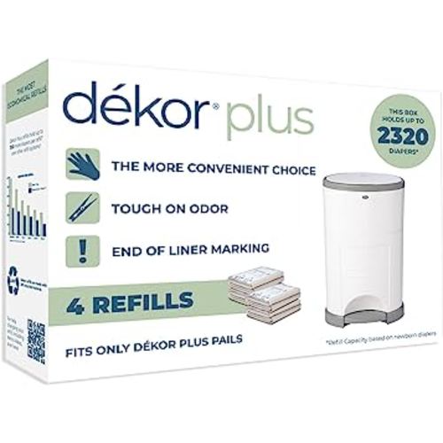 Diaper Dekor Plus Diaper Pail Refills | 4 Count | Most Economical Refill System | Quick & Easy to Replace | No Preset Bag Size Use Only What You Need | Exclusive End-of-Liner Marking
