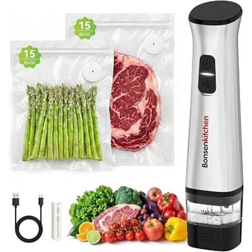 Bonsenkitchen Handheld Vacuum Sealer for Travel, 30 Reusable Bags