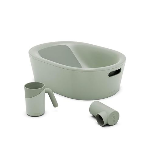 Lalo Bathtime Starter Kit - 3-Piece Set Includes Modern Baby Bathtub, Rinse Cup & Spout Cover - Safe, Easy to Clean Design for Newborns - 25.3 x 18 x 7.7 in, 10 lb - Sage