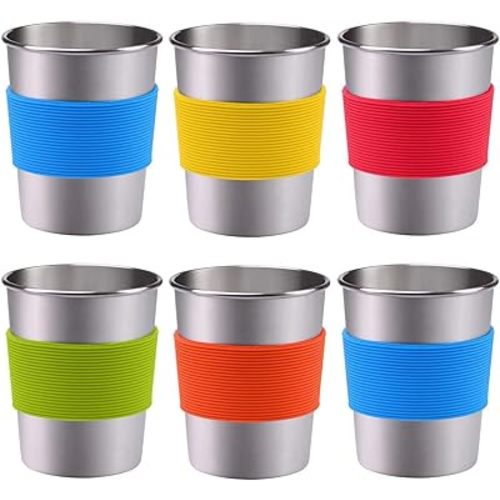 6 Pack Stainless Steel Cups with Silicone Sleeve for Kids 8oz Metal Drinking Glasses Unbreakable Beer Cups None BPA Stainless Steel Tumbler for Outdoor Indoor Activities
