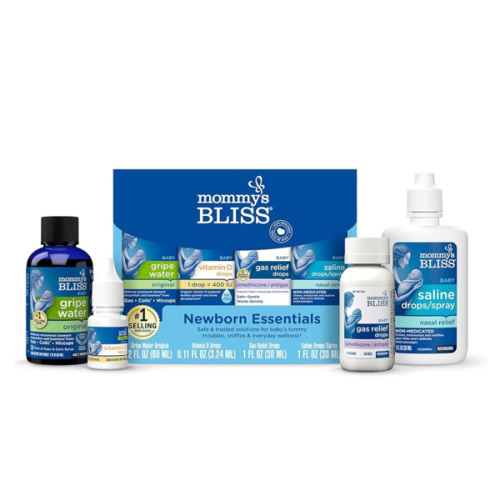 Mommy's Bliss 4-Piece Newborn and Baby Essentials Kit - With Gripe Water, Gas Relief Drops, Vitamin D 400IU, and Saline Drops/Spray - The Perfect Baby Gift.