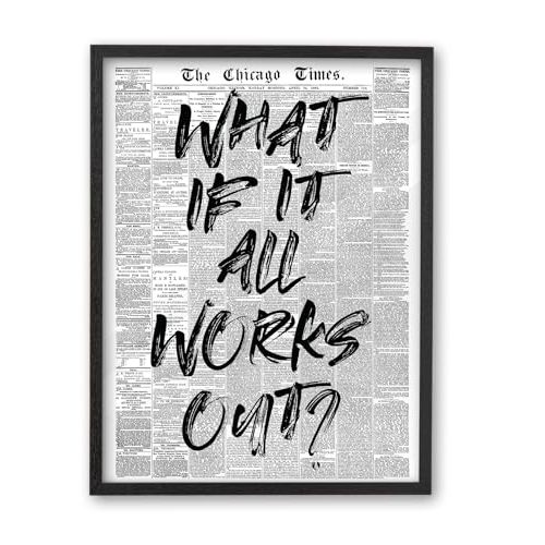 iHery 12x16in Natural Black OAK Wood Trendy Newspaper Framed Wall Art, What If It All Works Out Canvas Motivational Wall Decor Inspirational Artwork Posters Dorm Bedroom Living Room Vintage 1Pack