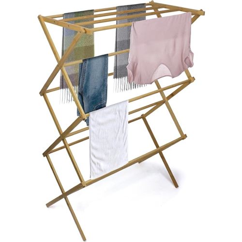 BROOKSTONE, Eco-Friendly Bamboo Drying Rack, Collapsible Laundry Clothes Hanger, 10 Hanging Bars, Minimalist Space Saving Design