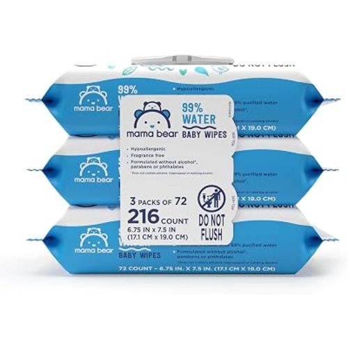 Amazon Brand - Mama Bear 99% Water Baby Wipes, Hypoallergenic, Fragrance Free, 216 Count Total (3 Packs of 72 Wipes Each)