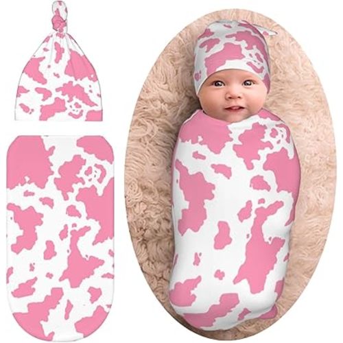 Cow Print Newborn Swaddle Blanket with Hat Set Baby Stuff Receiving Blankets Soft Transition Sleep Sacks Gifts for Infant Boys Girls