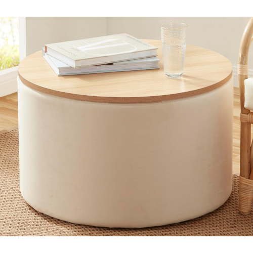 Ornavo Home Parker Large Round Storage Coffee Table Ottoman with Wooden Lift Off Lid, Ottoman with Storage for Living Room, Bedroom and Office, Velvet Cream