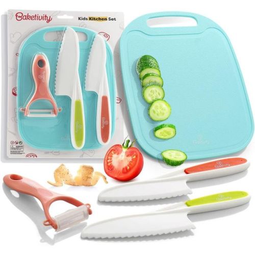 Baketivity Kid Safe Plastic Knives for Real Cooking with Cutting Board & Peeler, BPA-Free Dishwasher Safe Kids Knife Set