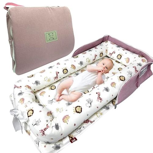 Baby Lounger, Foldable Portable Infant Lounger, Baby Nest Cover, Suitable for 0-24 Months Newborn Baby Lounger,Home Travel Dual-Purpose Baby Nest（Pink Zoo）