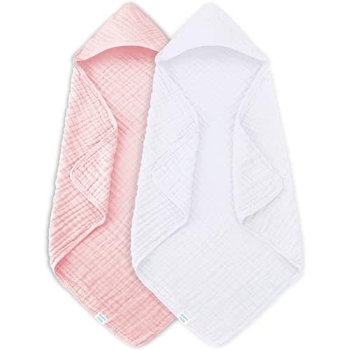 MOON PARK 2 Pack Muslin Hooded Baby Bath Towels for Newborns, Infants, Toddlers - 100% Cotton - Large 32x32Inch Size - Highly Absorbent and Essential, White and Pink