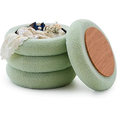 Wimarsbon Round Storage Ottoman, Modern Sherpa Footstool, Teddy Vanity Stool with Flip-Top Tray, Makeup Chair for Home Decor, Upholstered Footrest for Living Room & Bedroom (Green)