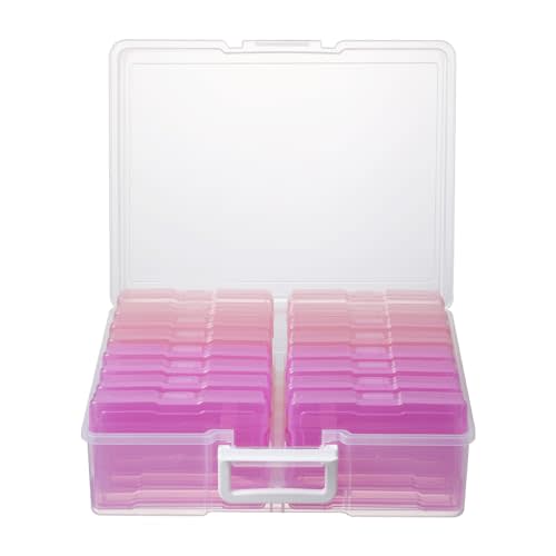 novelinks 4" x 6" Photo Organizer Storage Box with Handle – 16 Inner Photo Cases, Holds 1600 Photos, Portable Picture Organizer for Photos, Cards, Stickers, Scrapbooking – Pink Gradient