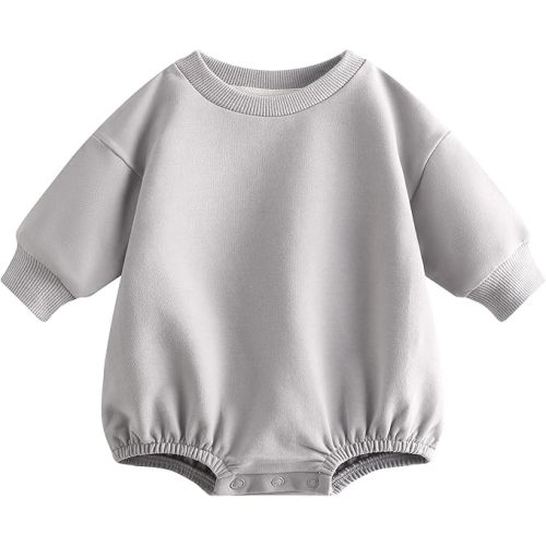 Baby Boy Girl Sweatshirt Romper Organic Cotton Solid Color Long Sleeve Bubble Romper Oversized Warm Fall Winter