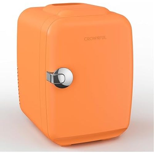 CROWNFUL Mini Fridge, 4 Liter/6 Can Portable Cooler and Warmer Personal Refrigerator for Skin Care, Cosmetics, Beverage, Food,Great for Bedroom, Office, Car, Dorm(Orange)