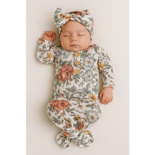 Vintage flowers newborn gown and headband set